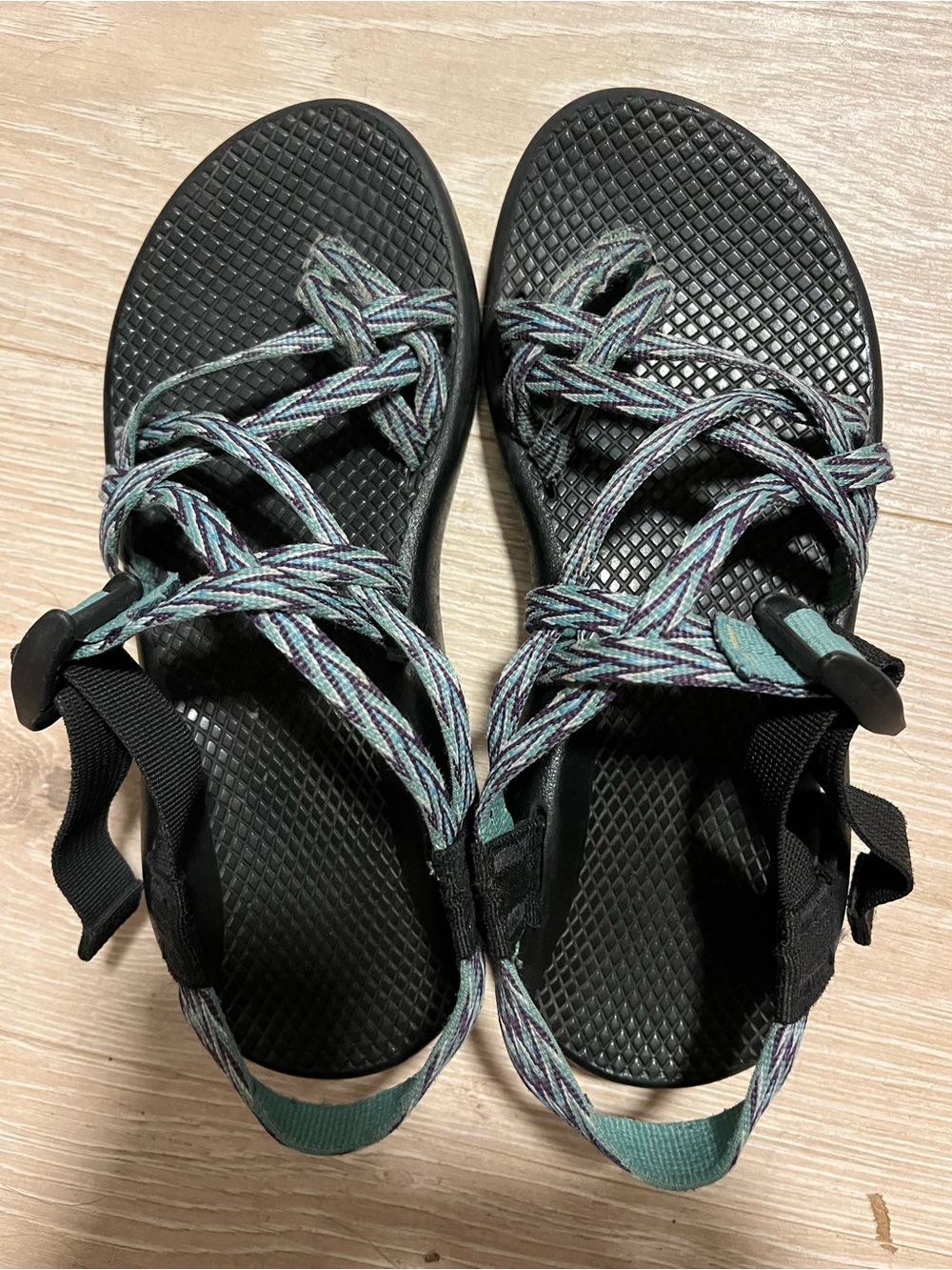 Chaco Women's 7 Black Sandals with Teal and purple Straps